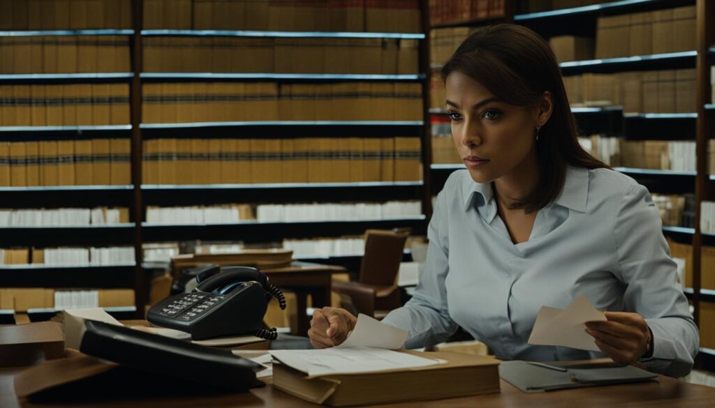 A person sitting behind a desk, holding a piece of paper with a phone number on it, looking determined and ready to take action. In the background, there are shelves filled with law books and legal documents. The lighting is low, creating a serious and professional atmosphere.